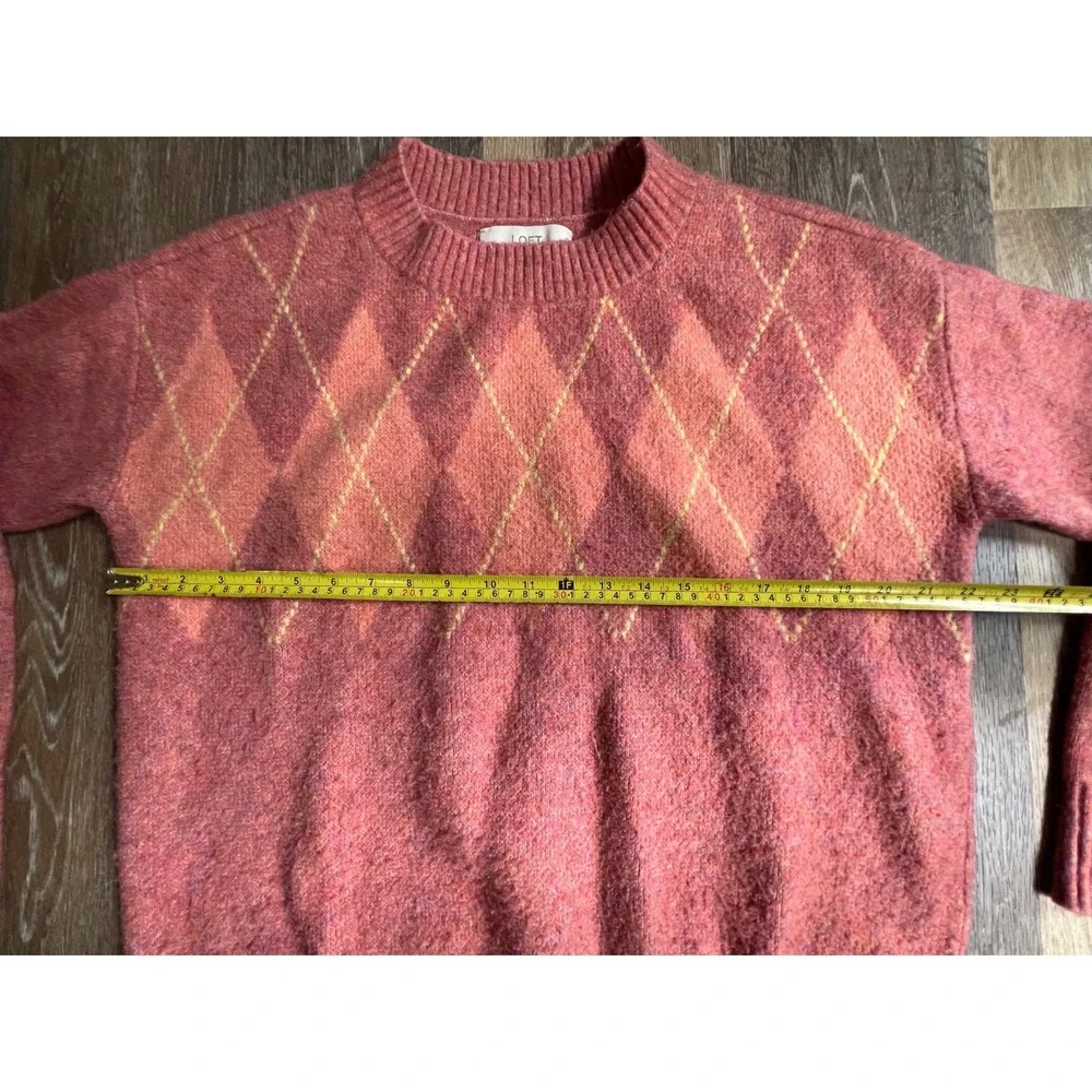 Loft Sweater Womens Medium Pink Argyle Crewneck‎ Knit Long Sleeve Pullover
